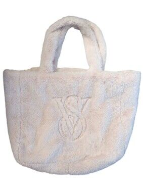 Victoria's Secret Plush Faux Fur Tote Bag Cream VS Logo Shoulder Bag